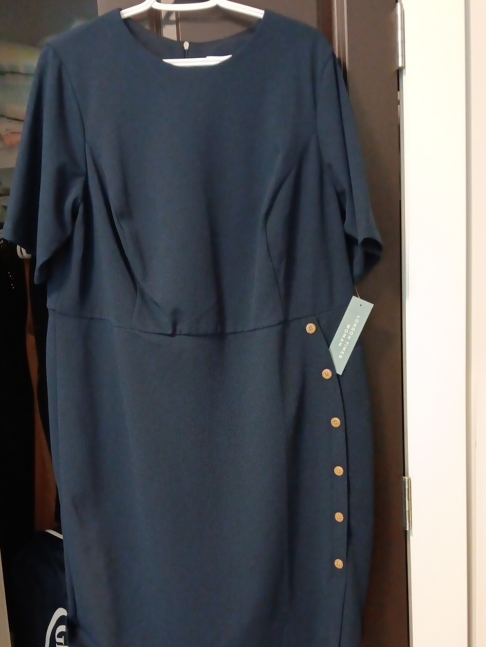 London Times Navy Midi Sheath Dress with Side Button Detail